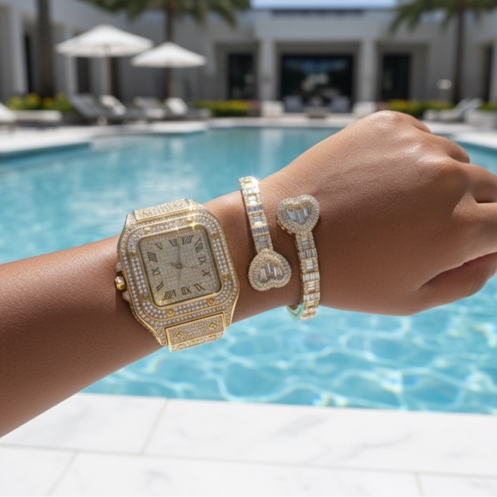 Gold Women's Watch and Bracelet Set